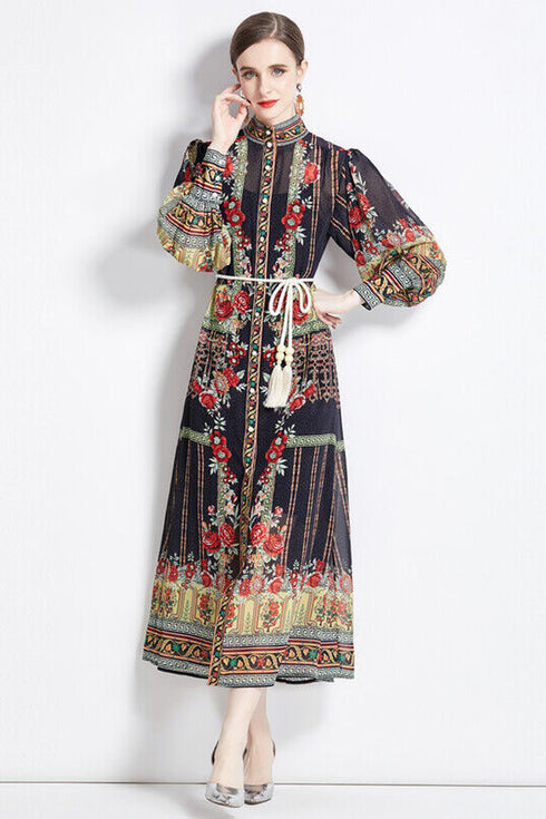 Gorgeous & Alluring Floral Print, Stand Collar, Long Lantern Sleeve Party, Festival, Wedding Guest Vintage Maxi Dress